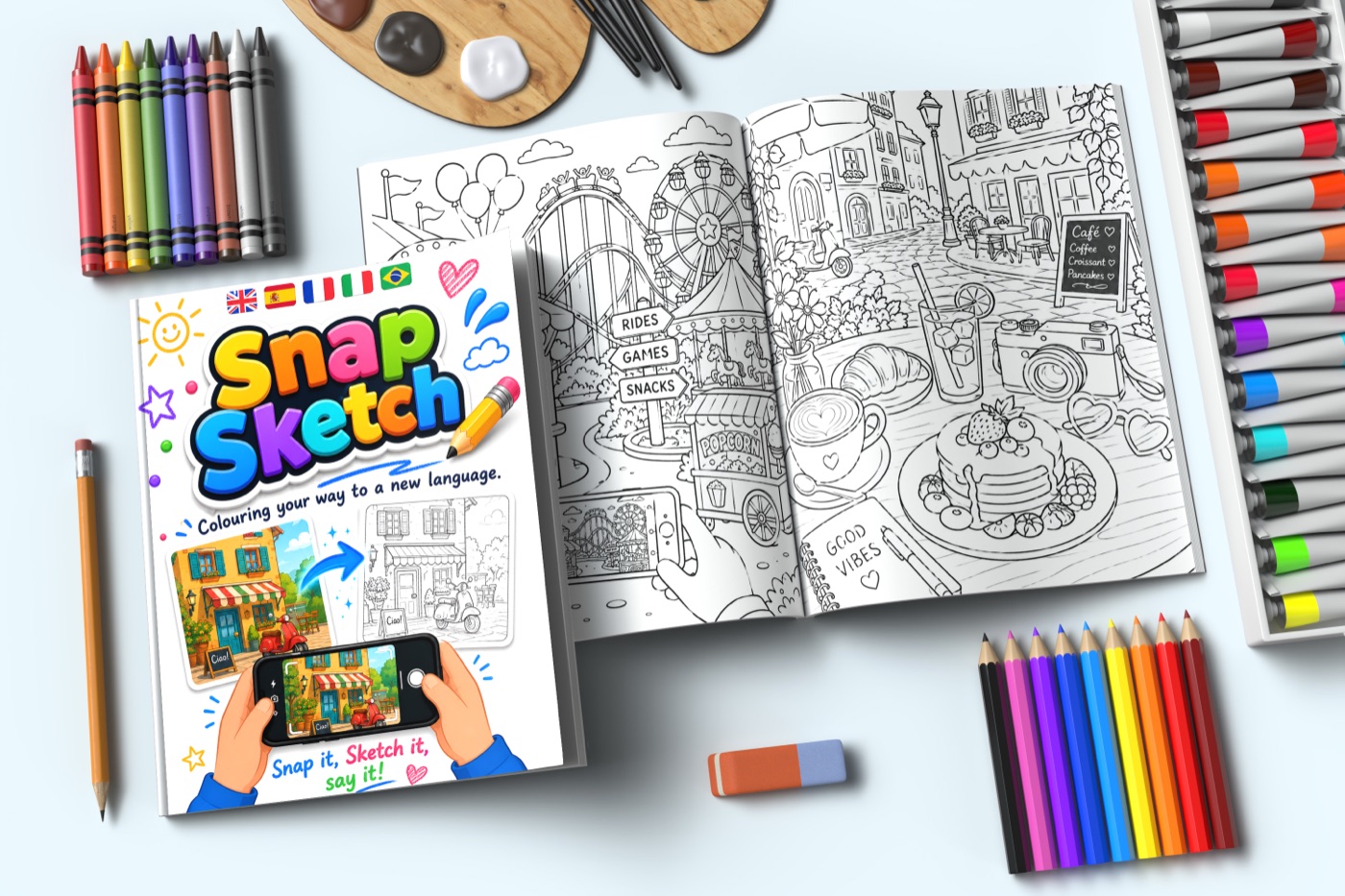The Snapsketch colouring book — closed cover beside two open interior pages showing a fairground scene and a Parisian café street, surrounded by crayons, marker pens and coloured pencils.