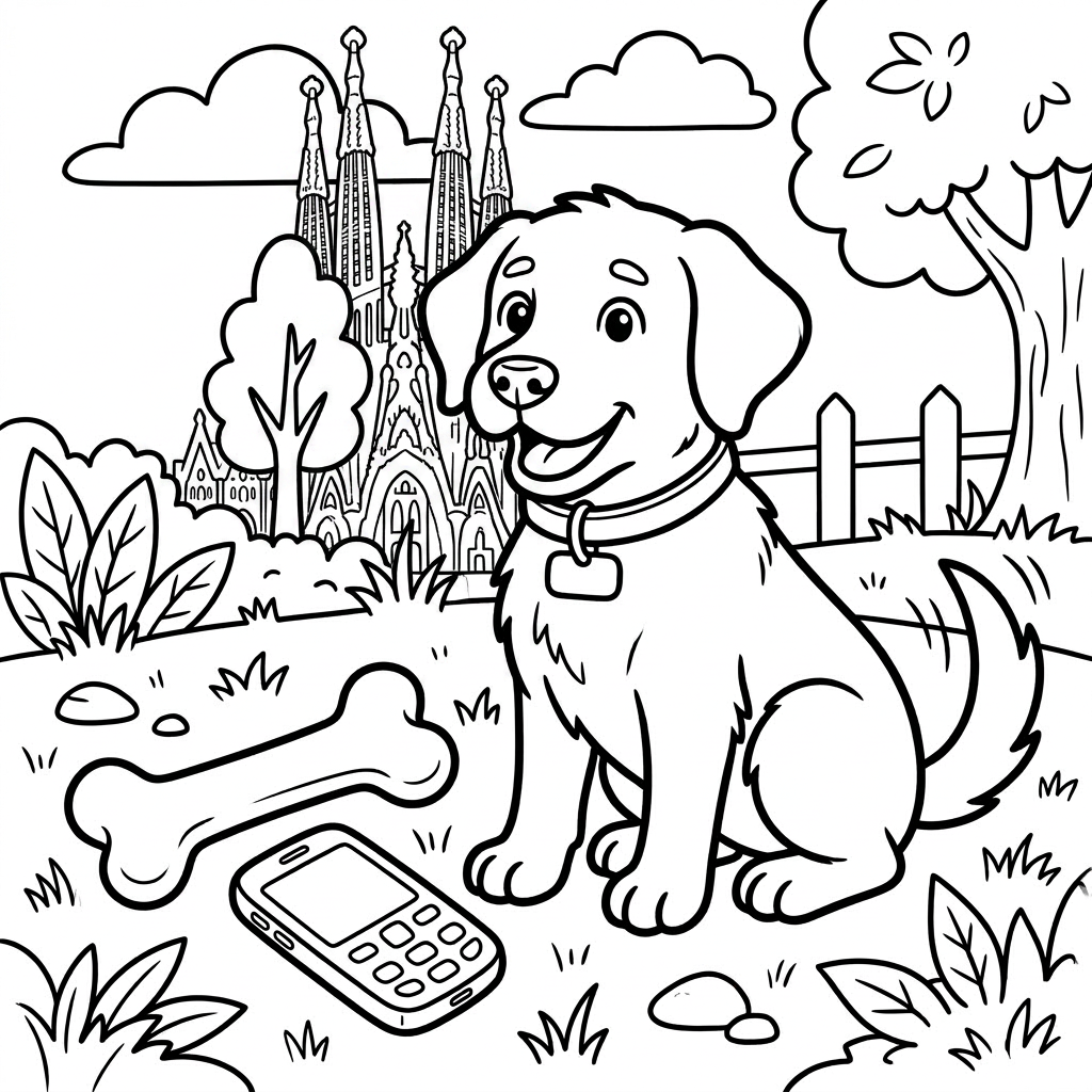 A dog with a bone and a phone in a garden